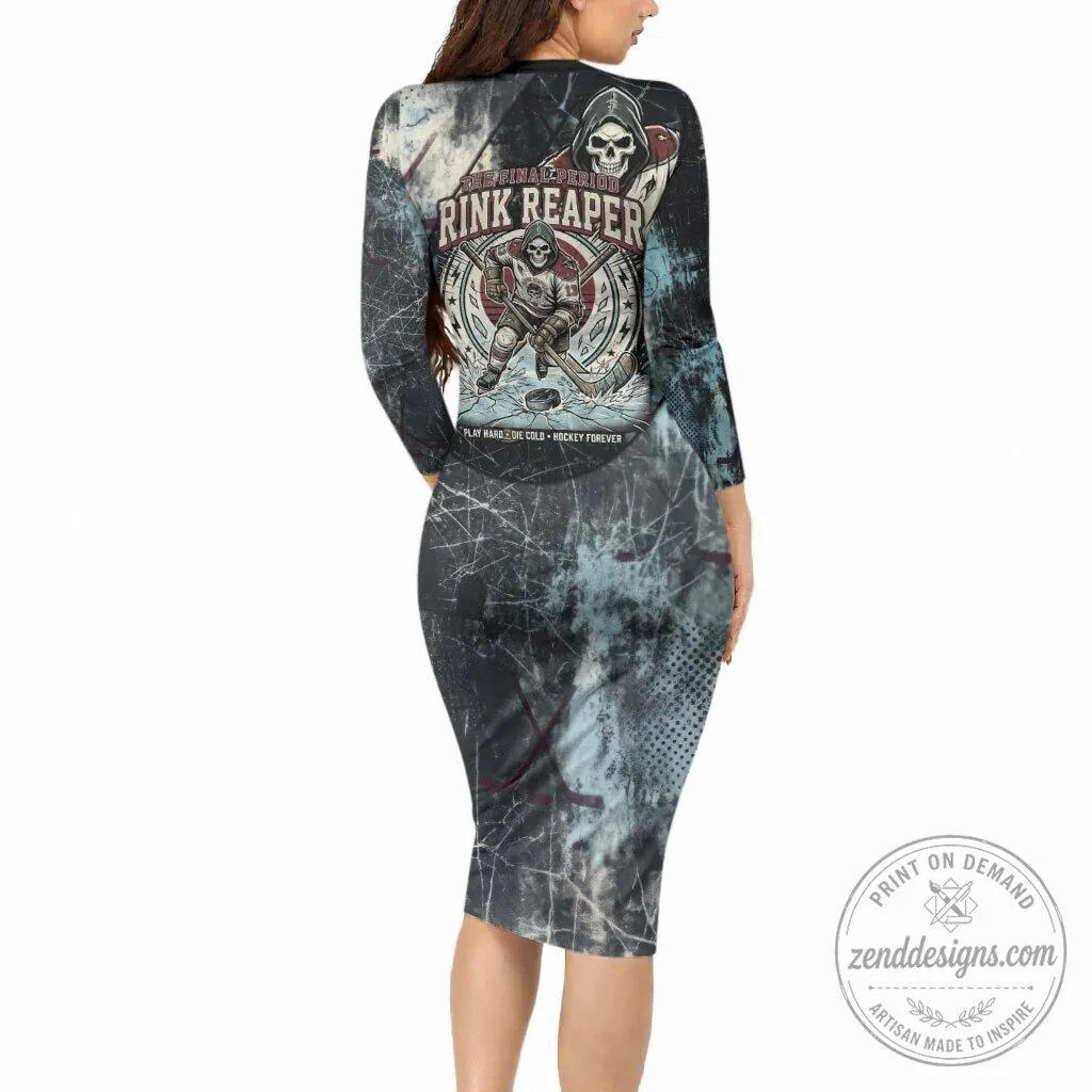 Rink Reaper Collecting Goals and Souls Ice Hockey Skeleton Long Sleeve Bodycon Dress 3 Rink Reaper Collecting Goals and Souls Ice Hockey Skeleton Long Sleeve Bodycon Dress