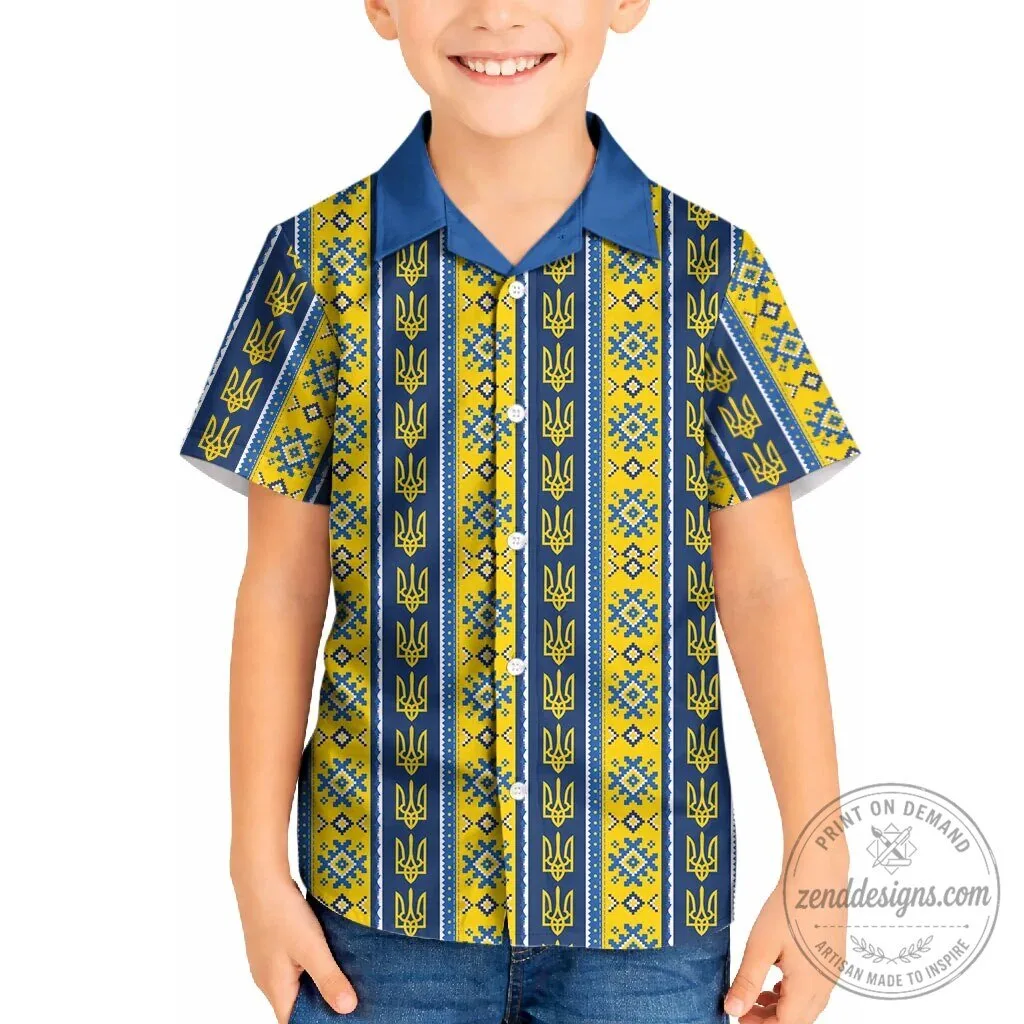 Ukrainian Trident Pattern Kids Hawaiian Shirt