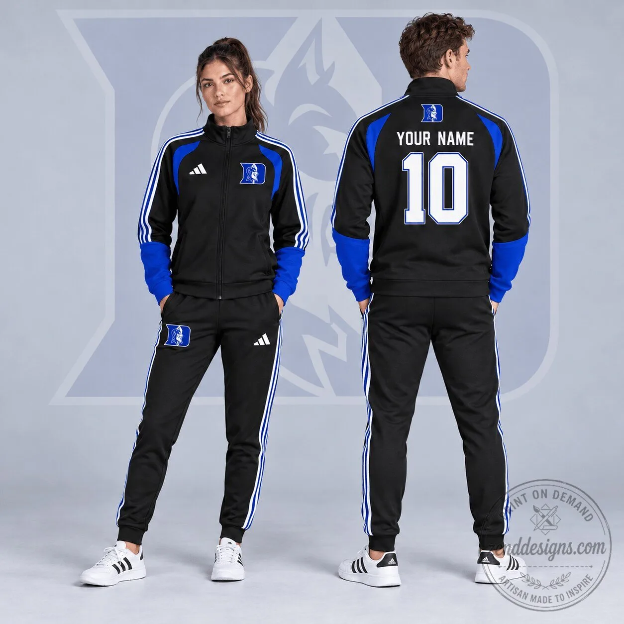 Duke Blue Devils Personalized Varsity Stripe Full-Zip Jacket and Jogger Tracksuit Set