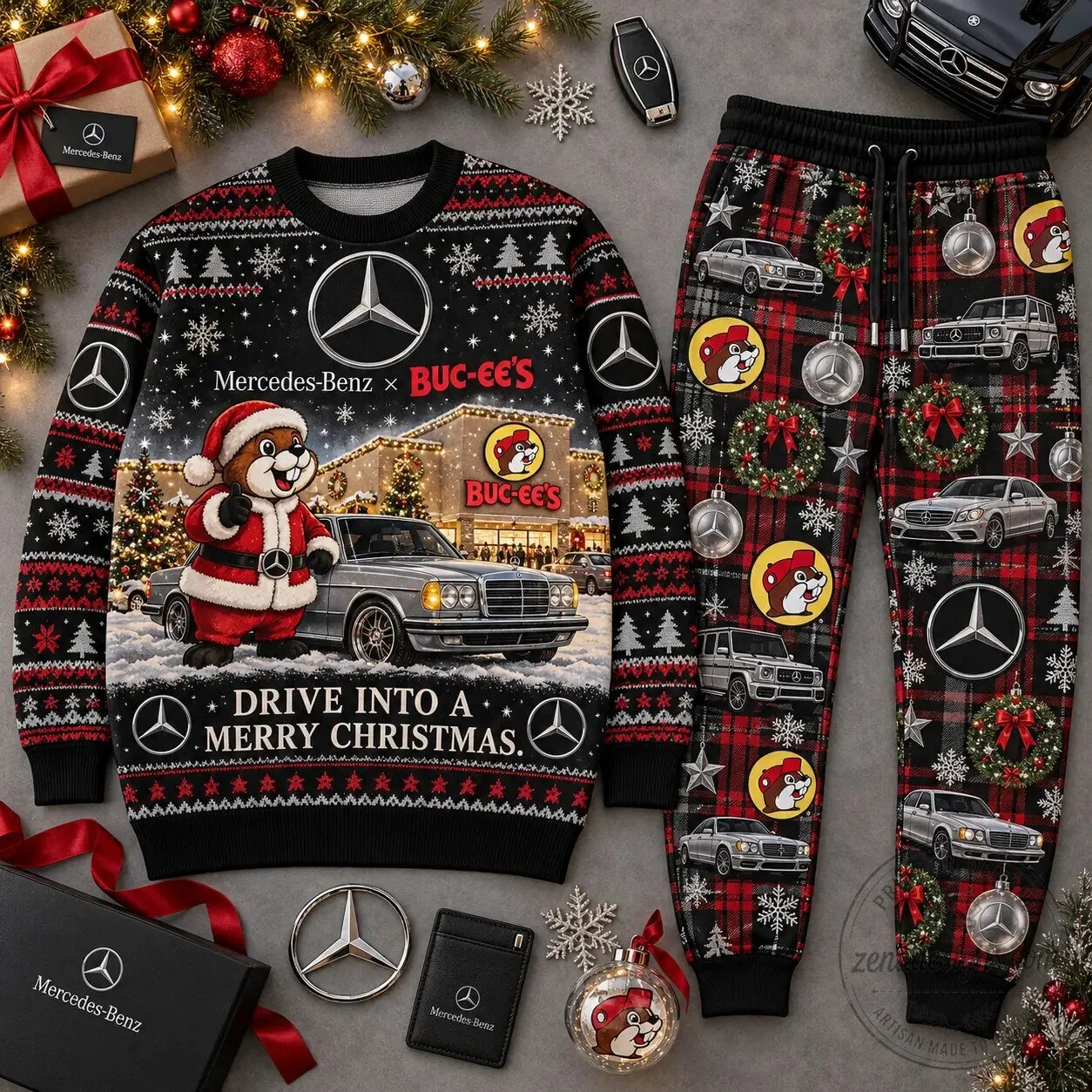 Mercedes-Benz Buc-ee's Drive Into A Merry Christmas Holiday Sweatshirt and Joggers Set