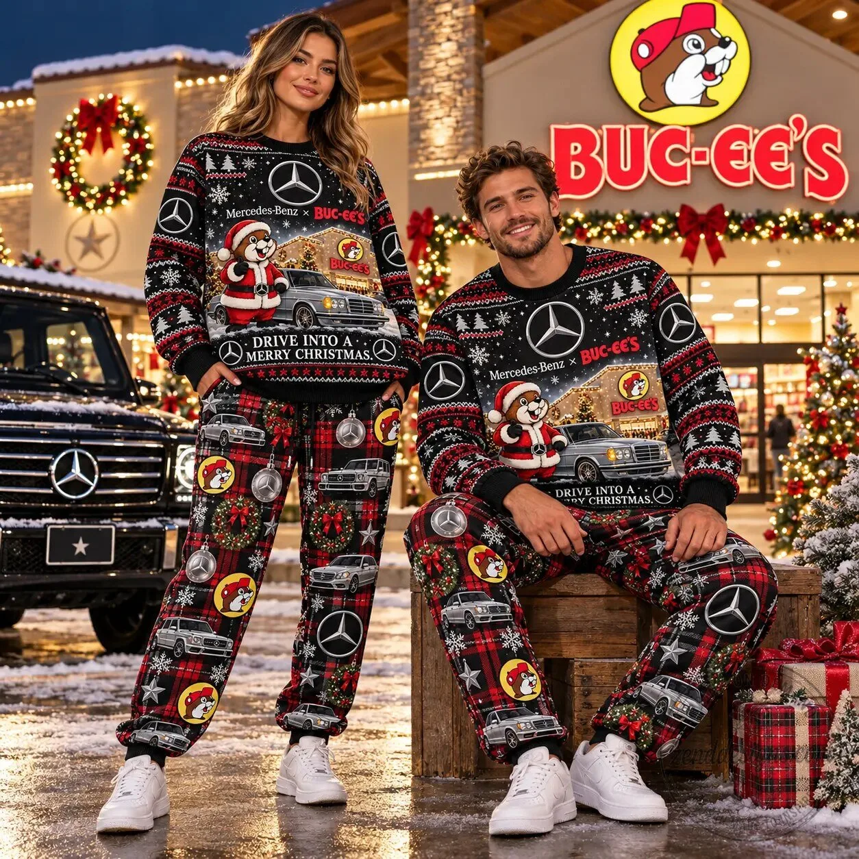 Mercedes-Benz Buc-ee's Drive Into A Merry Christmas Holiday Sweatshirt and Joggers Set 4 Mercedes-Benz Buc-ee
