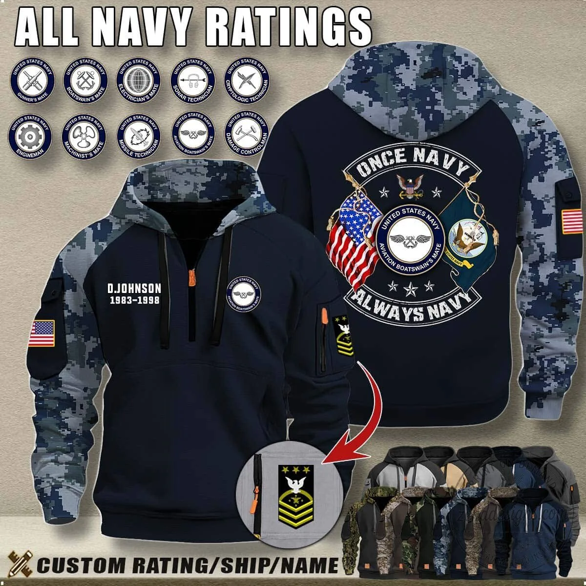 United States Navy Aviation Boatswain's Mate Once Always Navy Camouflage Hoodie