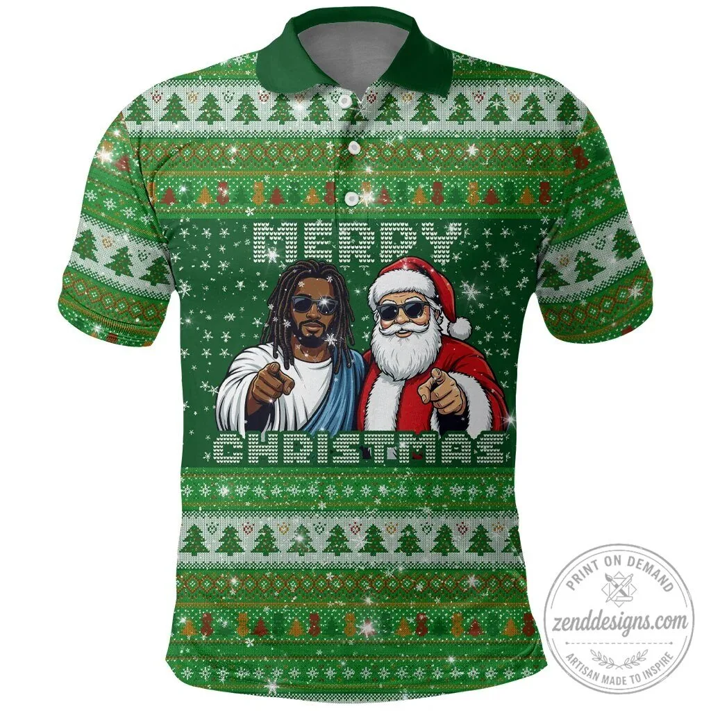 Black Jesus and Santa Claus Merry Christmas Ugly Sweater Style Polo Shirt