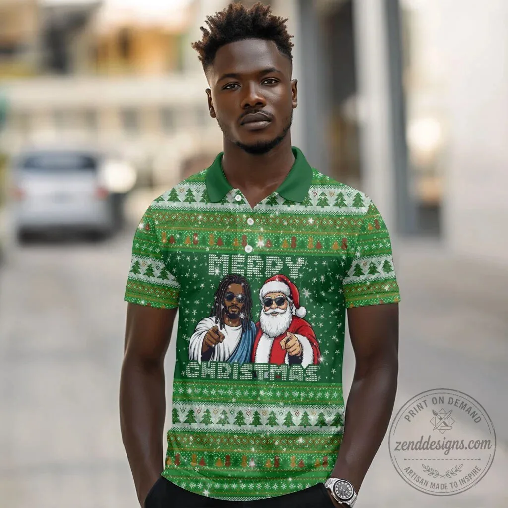 Black Jesus and Santa Claus Merry Christmas Ugly Sweater Style Polo Shirt 6 Black Jesus and Santa Claus Merry Christmas Ugly Sweater Style Polo Shirt