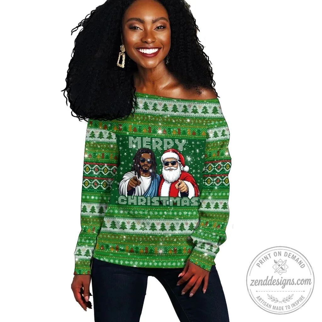 Black Jesus and Santa Claus Merry Christmas Ugly Sweater Off Shoulder Sweatshirt