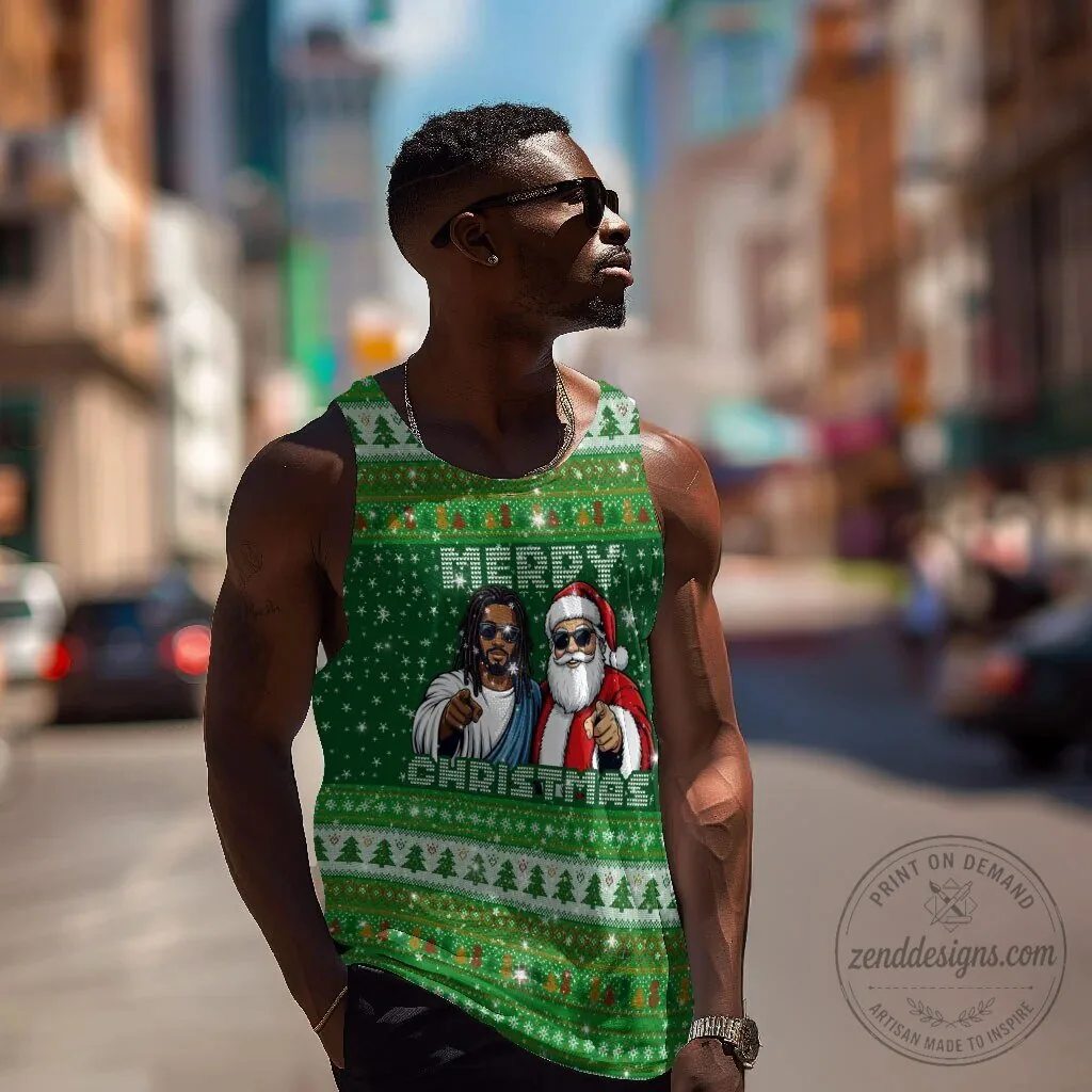 Black Jesus and Santa Claus Merry Christmas Ugly Sweater Tank Top