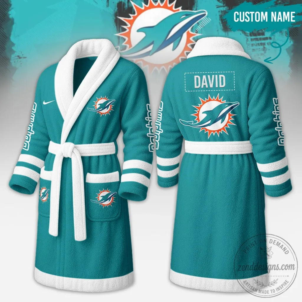 Miami Dolphins NFL Football Team Custom Name Fleece Bathrobe for Men Miami Dolphins NFL Football Team Custom Name Fleece Bathrobe for Men