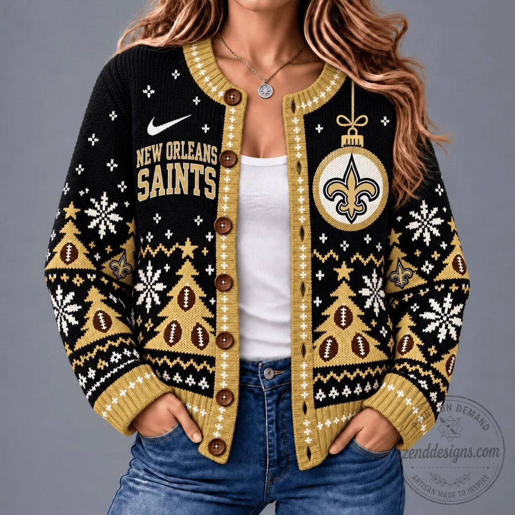 New Orleans Saints NFL Christmas Snowflake Ugly Sweater Cardigan New Orleans Saints NFL Christmas Snowflake Ugly Sweater Cardigan