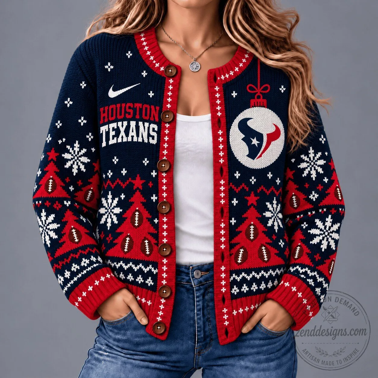 Houston Texans NFL Christmas Snowflake Pattern Cardigan Sweater