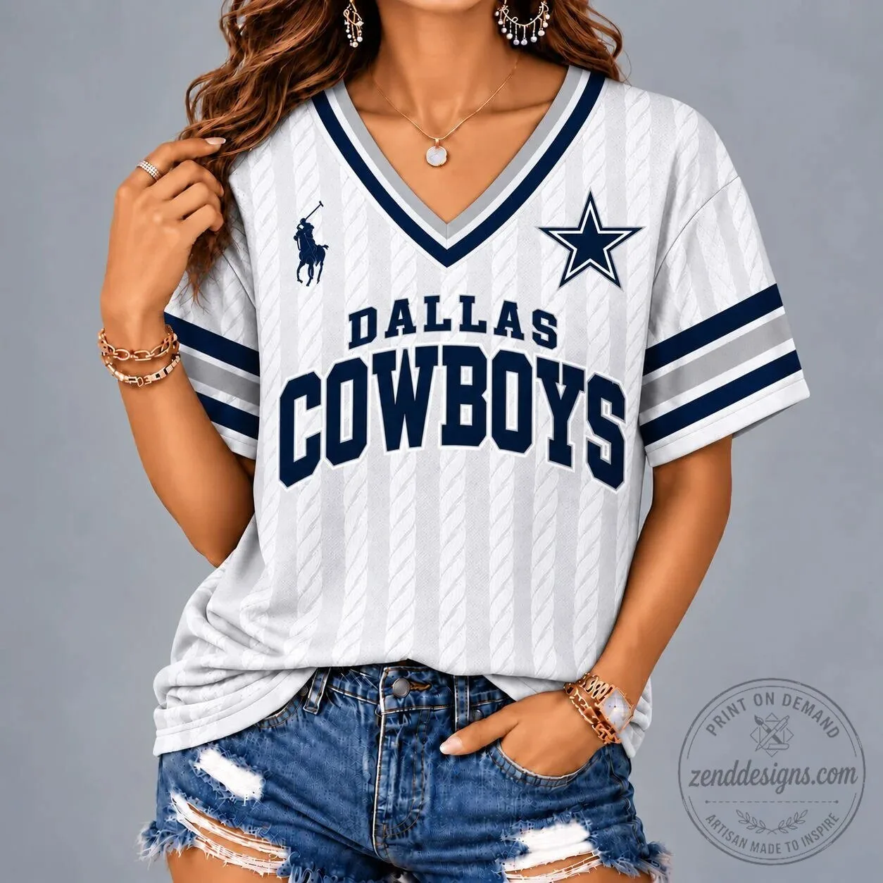 Dallas Cowboys Shirt Women's Vintage Varsity V-Neck Football T-Shirt