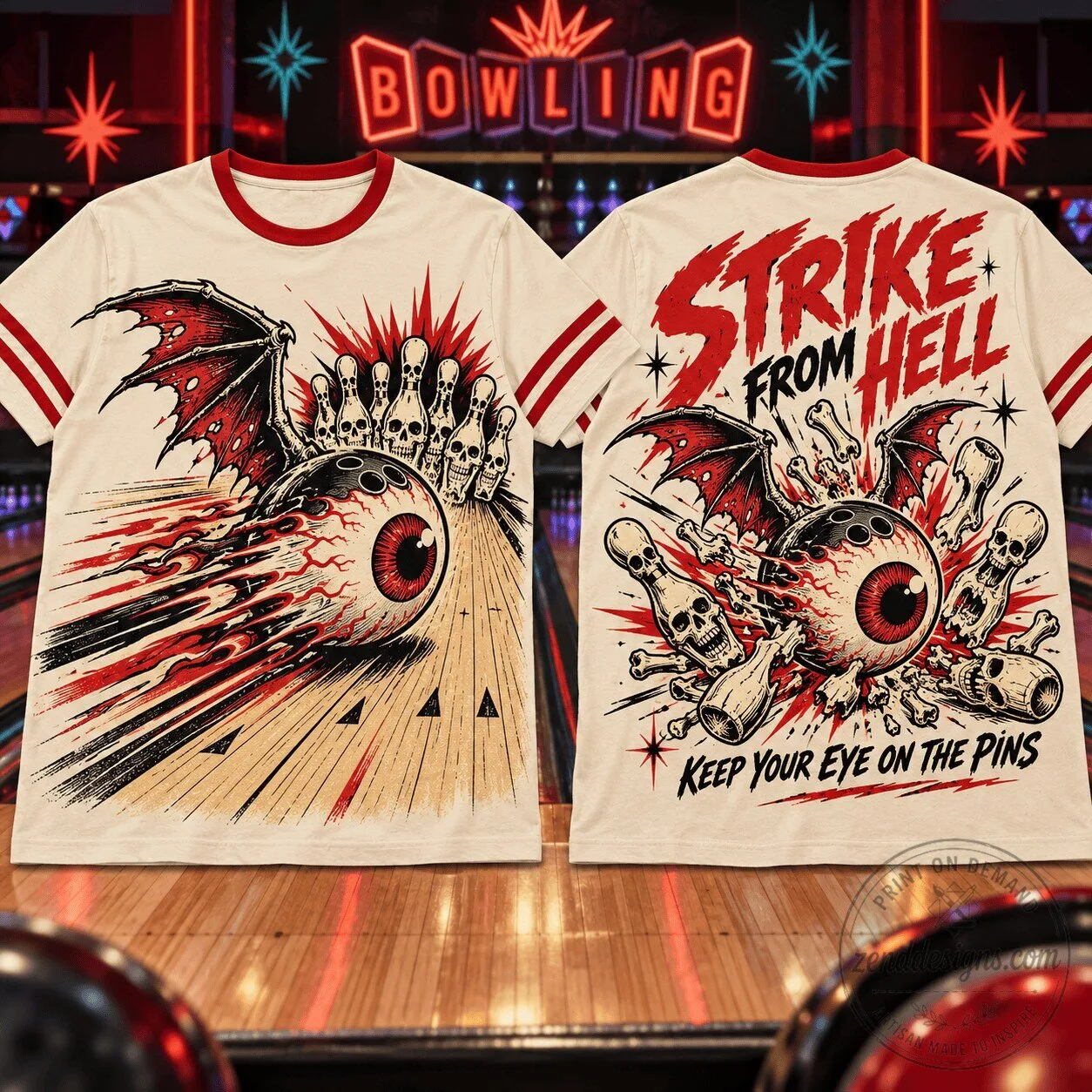 Strike From Hell Bowling Eyeball Graphic Print T-Shirt for Bowling Lovers