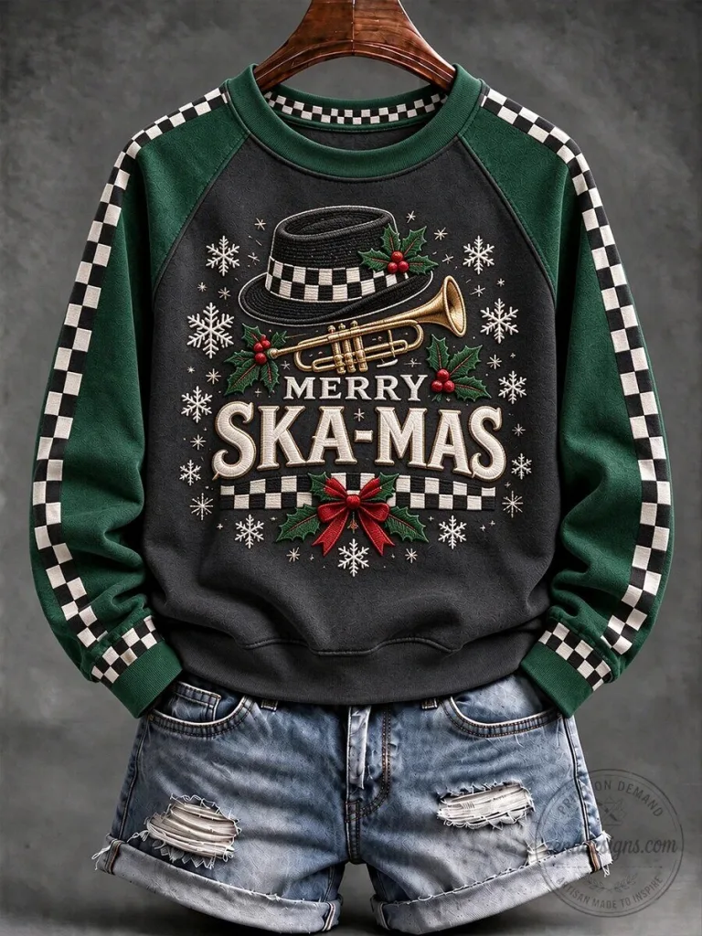 Merry Ska-Mas Christmas Holiday Music Checkerboard Sweatshirt 1 Merry Ska-Mas Christmas Holiday Music Checkerboard Sweatshirt