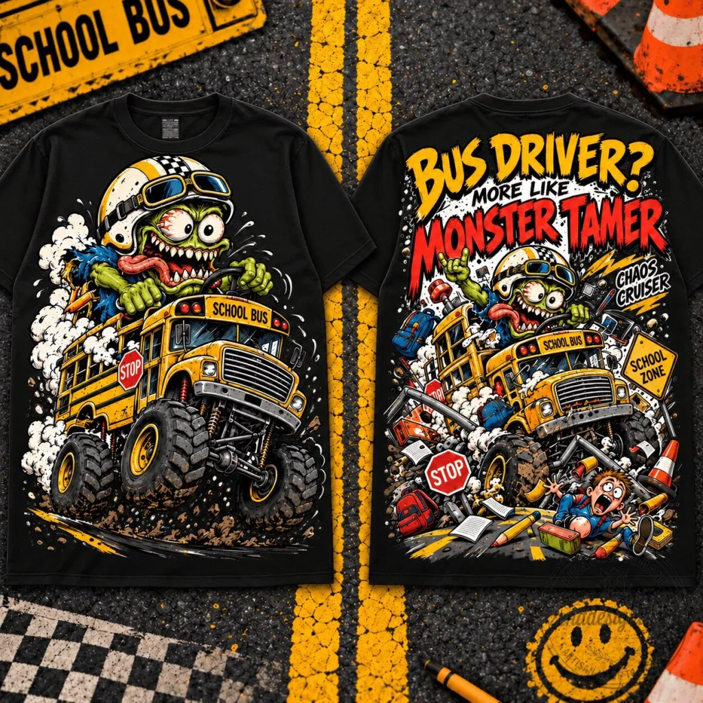 Monster Tamer School Bus Chaos Graphic T-Shirt for School Bus Drivers Monster Tamer School Bus Chaos Graphic T-Shirt for School Bus Drivers