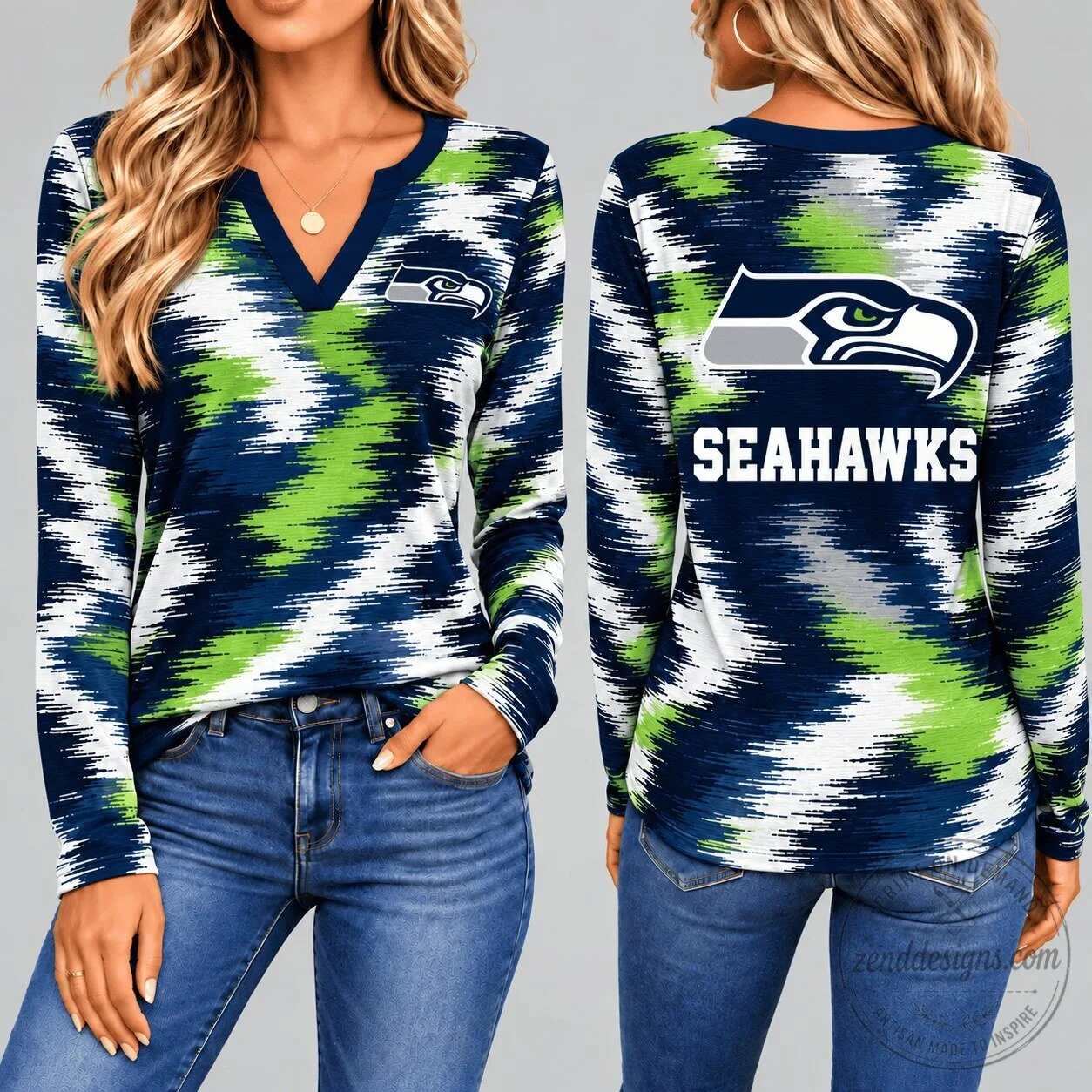 Seattle Seahawks Dynamic Brushstroke V-Neck Long-Sleeve Shirt