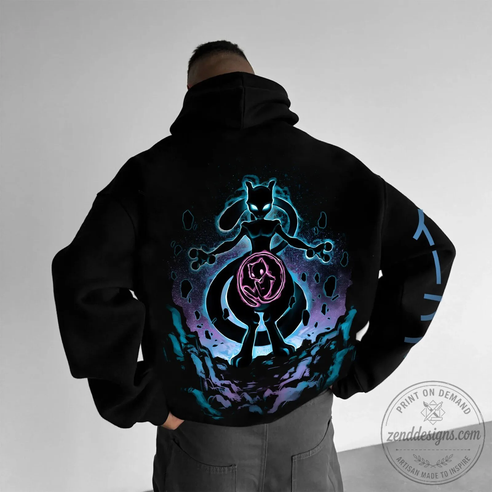 Mewtwo Pokemon Neon Silhouette Graphic Black Hoodie for Men and Women