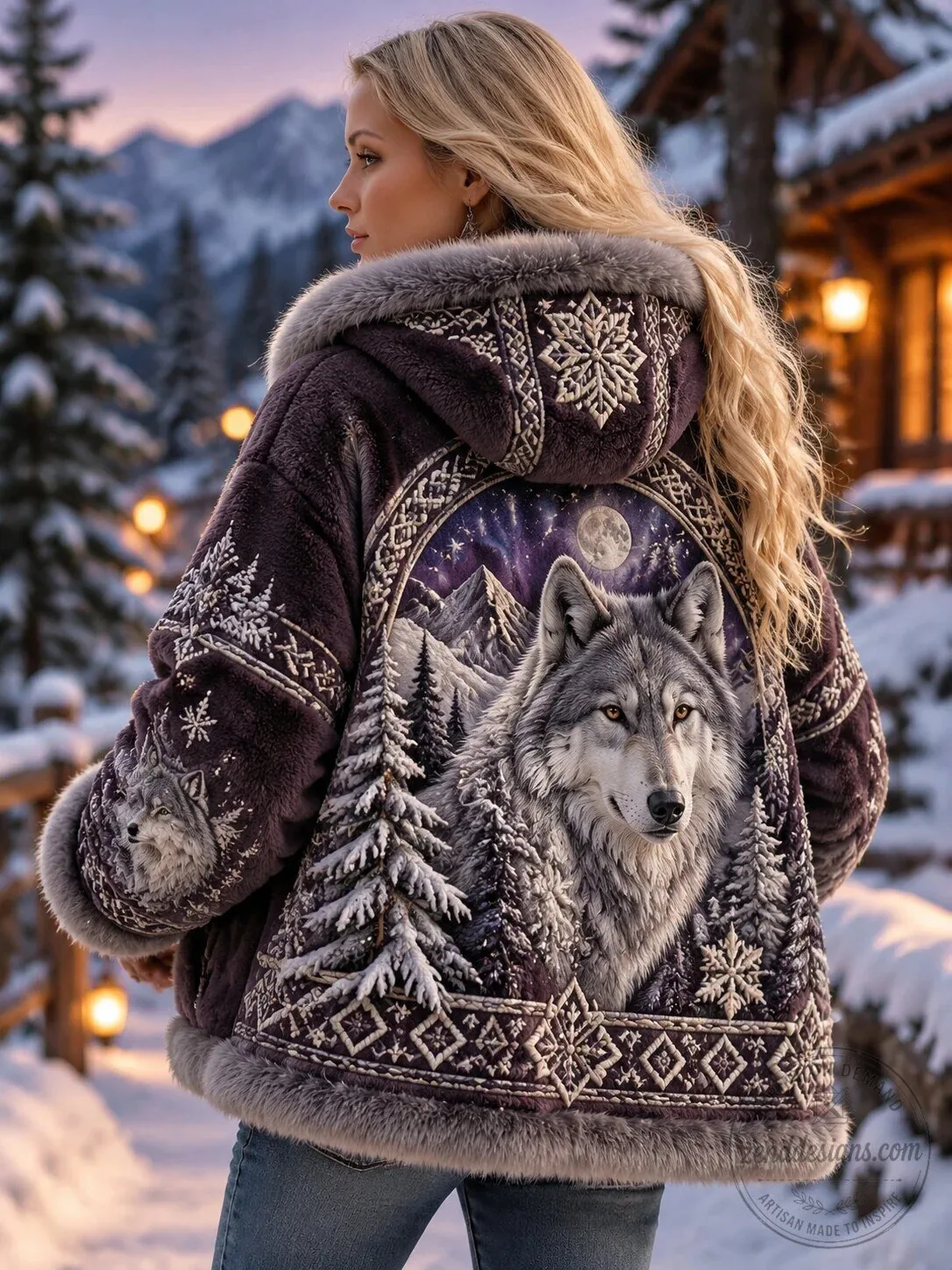 Winter Wolf Forest Snowflakes Faux Fur Lined Hooded Jacket
