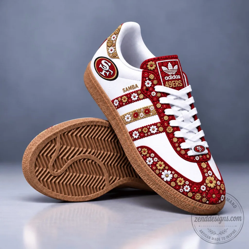 San Francisco 49ers Floral Pattern White and Red Samba Style Shoes San Francisco 49ers Floral Pattern White and Red Samba Style Shoes