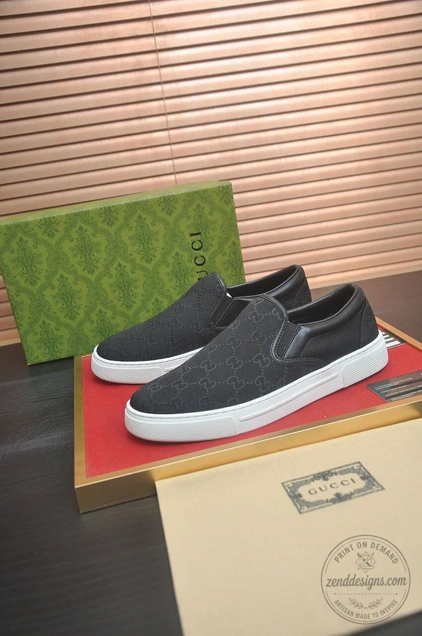 Gucci Black Monogram Canvas Slip-On Sneakers with White Sole 5 Gucci Black Monogram Canvas Slip-On Sneakers with White Sole