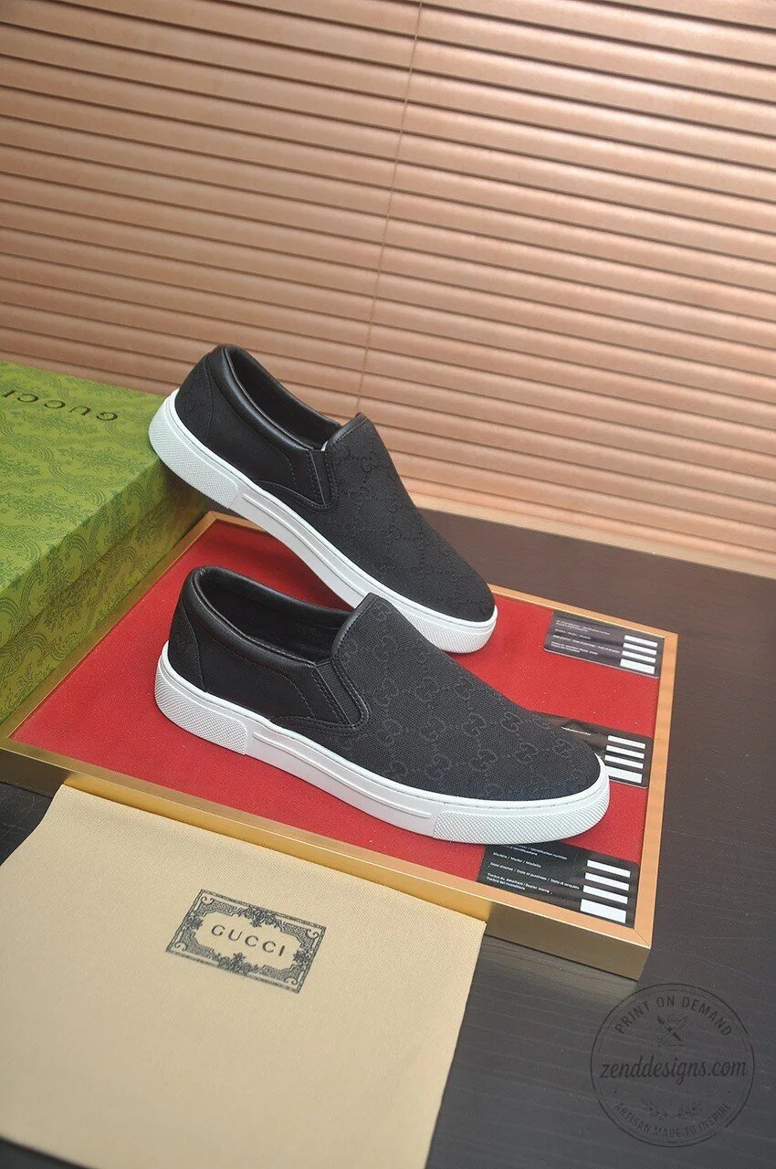 Gucci Black Monogram Canvas Slip-On Sneakers with White Sole 6 Gucci Black Monogram Canvas Slip-On Sneakers with White Sole