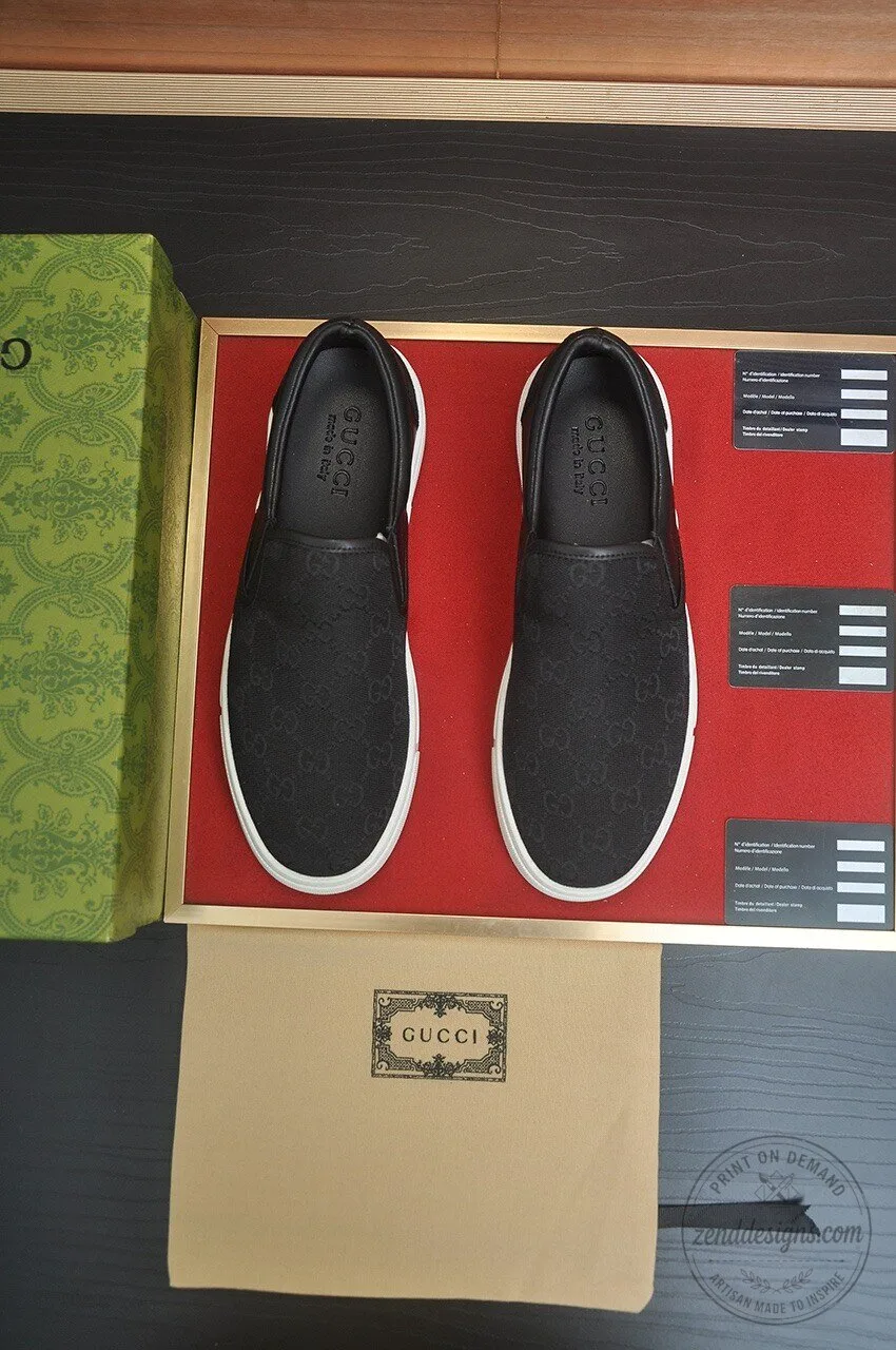 Gucci Black Monogram Canvas Slip-On Sneakers with White Sole 7 Gucci Black Monogram Canvas Slip-On Sneakers with White Sole