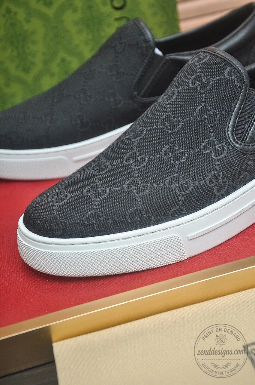 Gucci Black Monogram Canvas Slip-On Sneakers with White Sole 8 Gucci Black Monogram Canvas Slip-On Sneakers with White Sole
