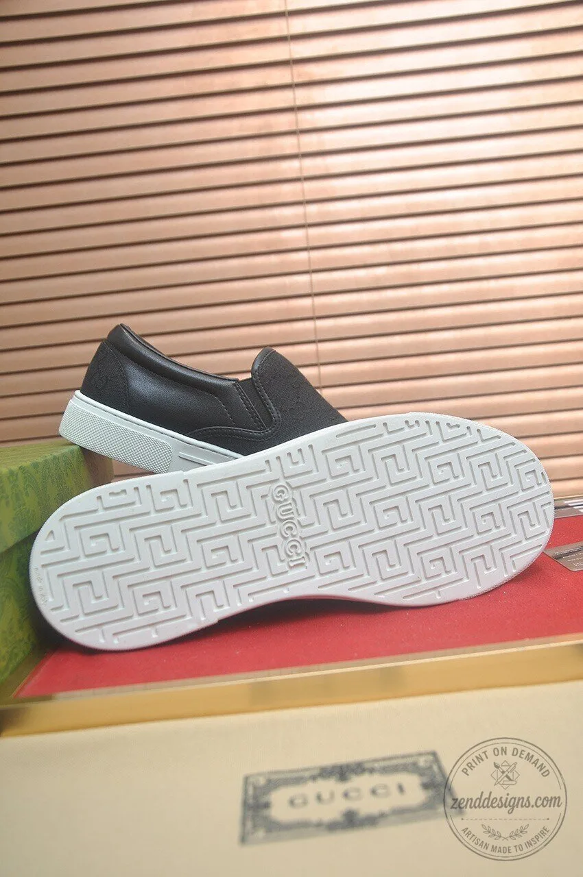 Gucci Black Monogram Canvas Slip-On Sneakers with White Sole 9 Gucci Black Monogram Canvas Slip-On Sneakers with White Sole