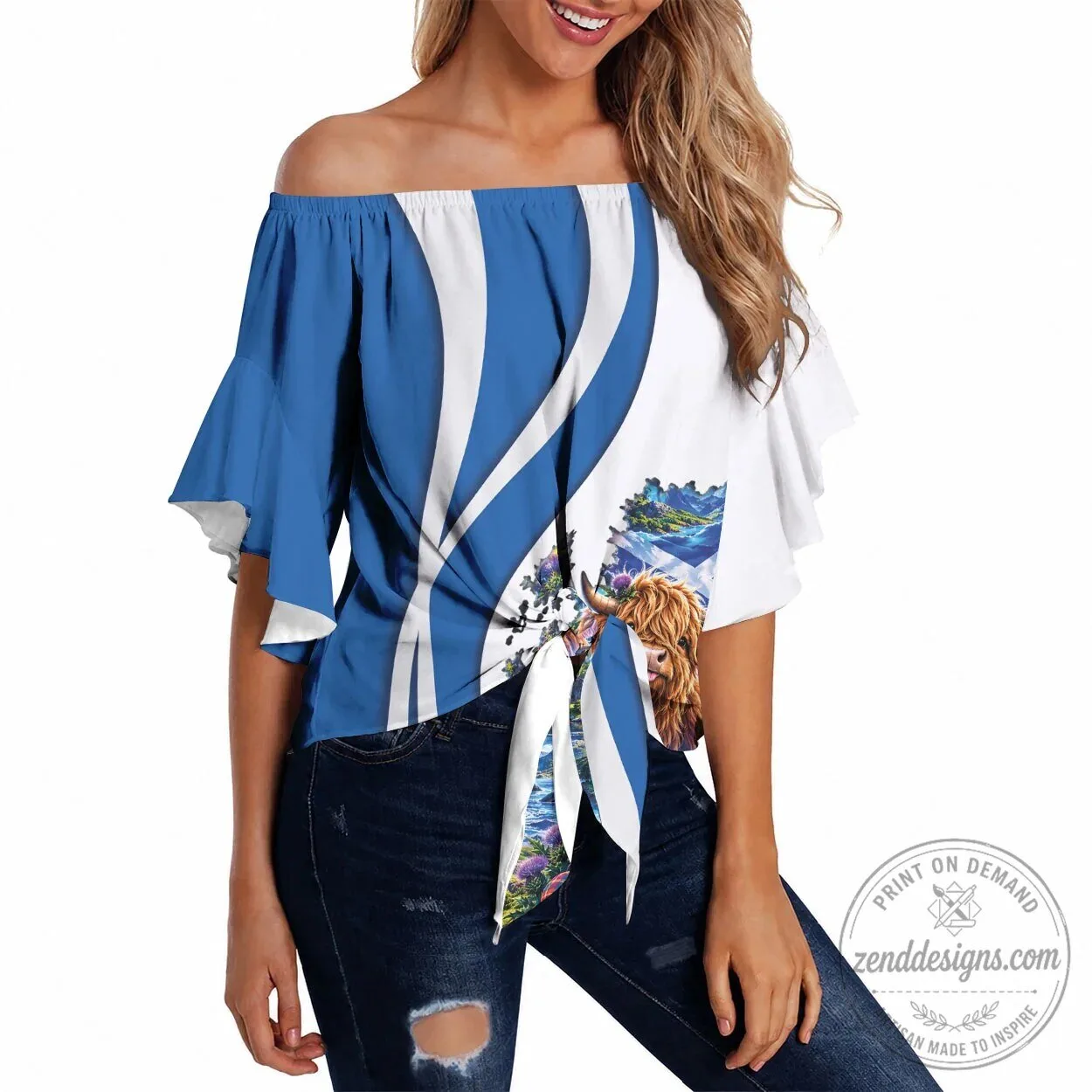 Scotland National Flag Off Shoulder Wrap Waist Top Highland Cow Landscape Design