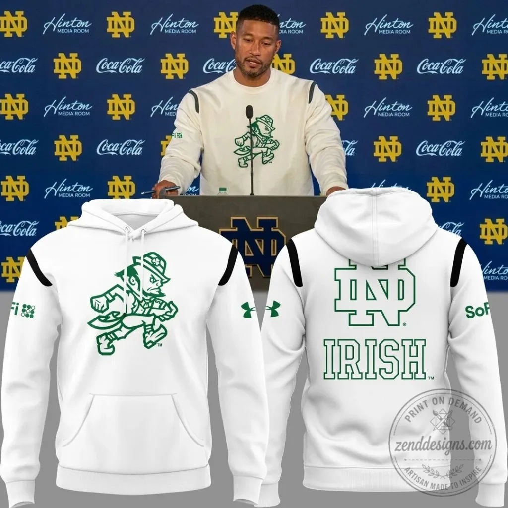 Fighting Irish Notre Dame Mascot Hoodie in White for Football Fans 42 Fighting Irish Notre Dame Mascot Hoodie in White for Football Fans