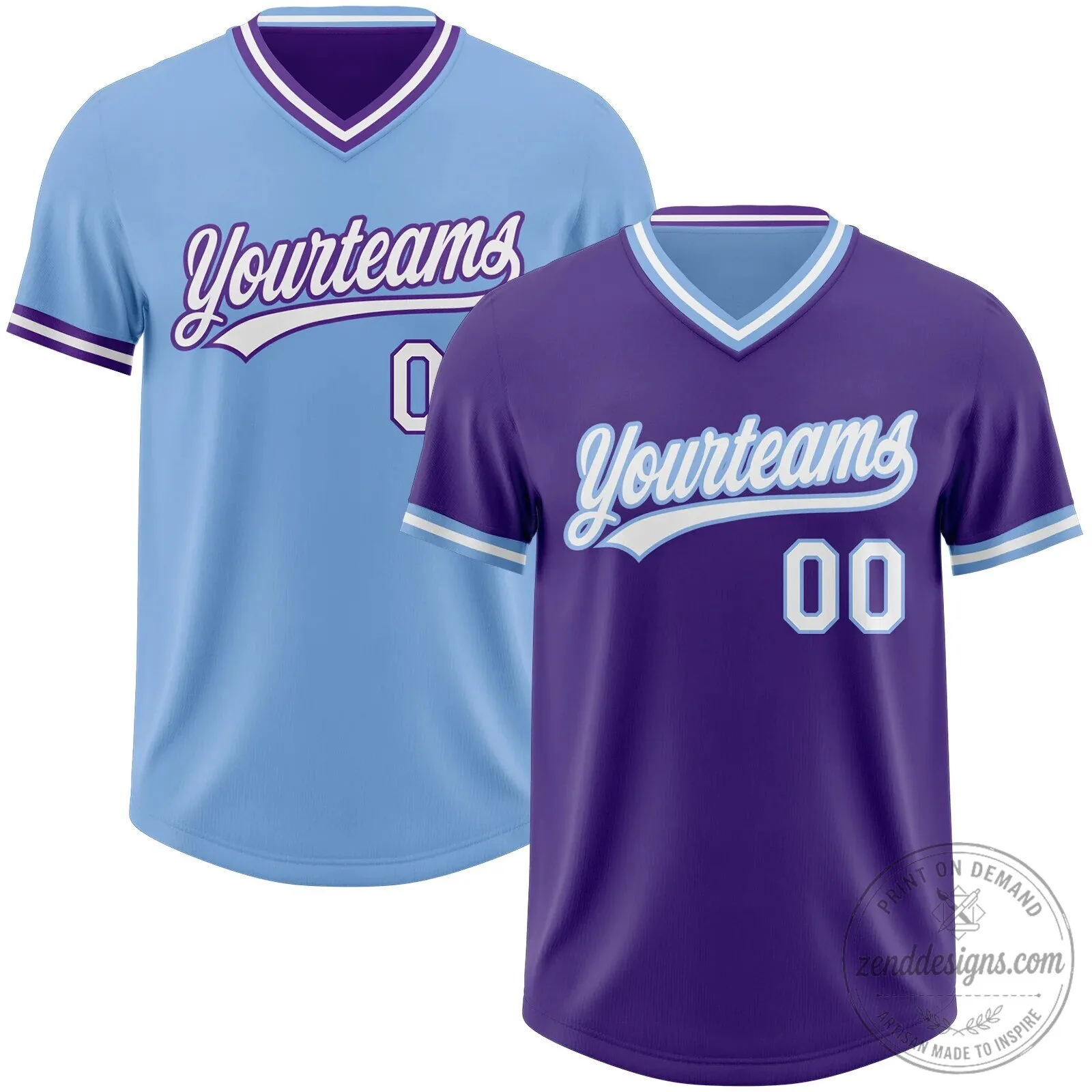 Custom Purple and Light Blue Reversible Baseball Jersey with V-Neck