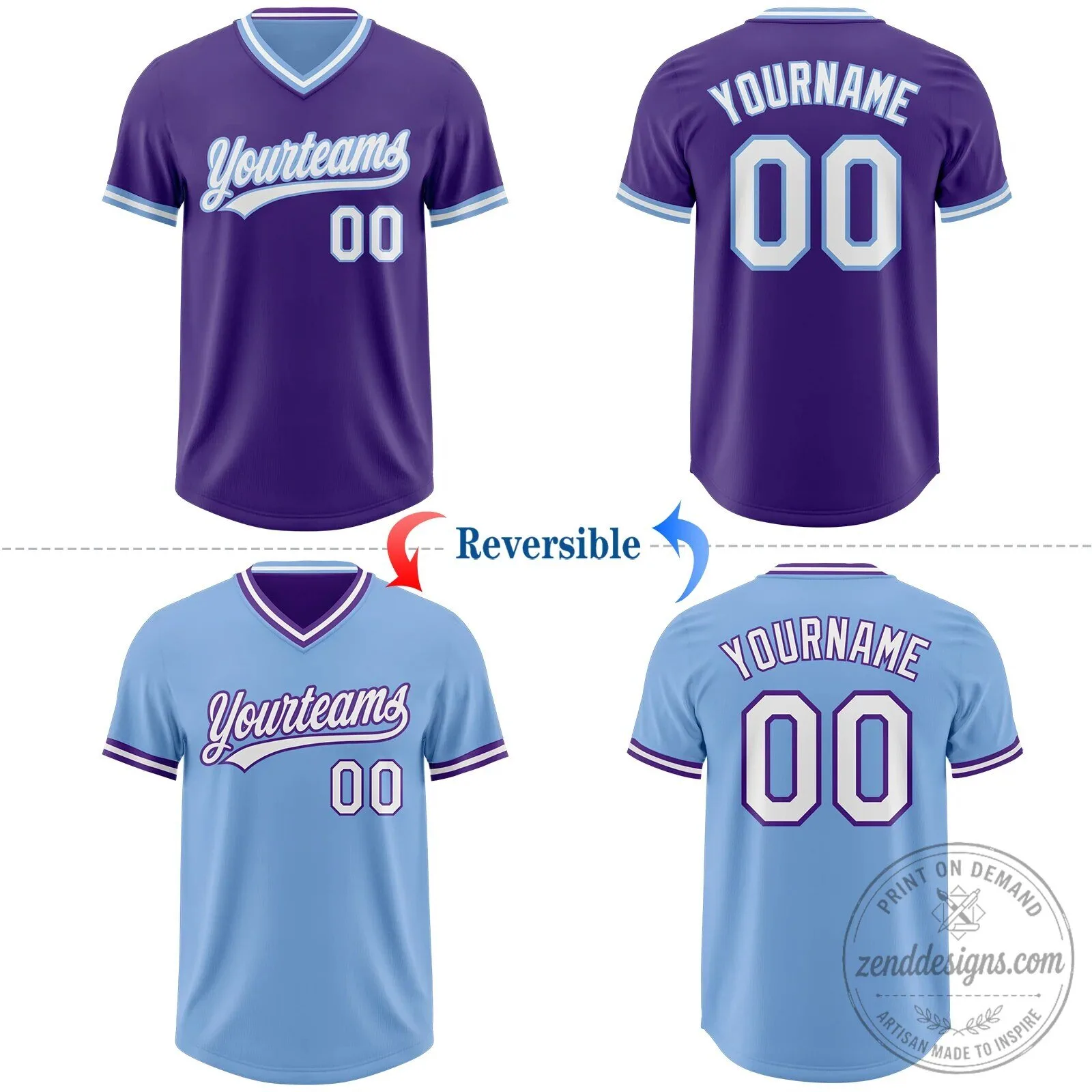 Custom Purple and Light Blue Reversible Baseball Jersey with V-Neck 8 Custom Purple and Light Blue Reversible Baseball Jersey with V-Neck