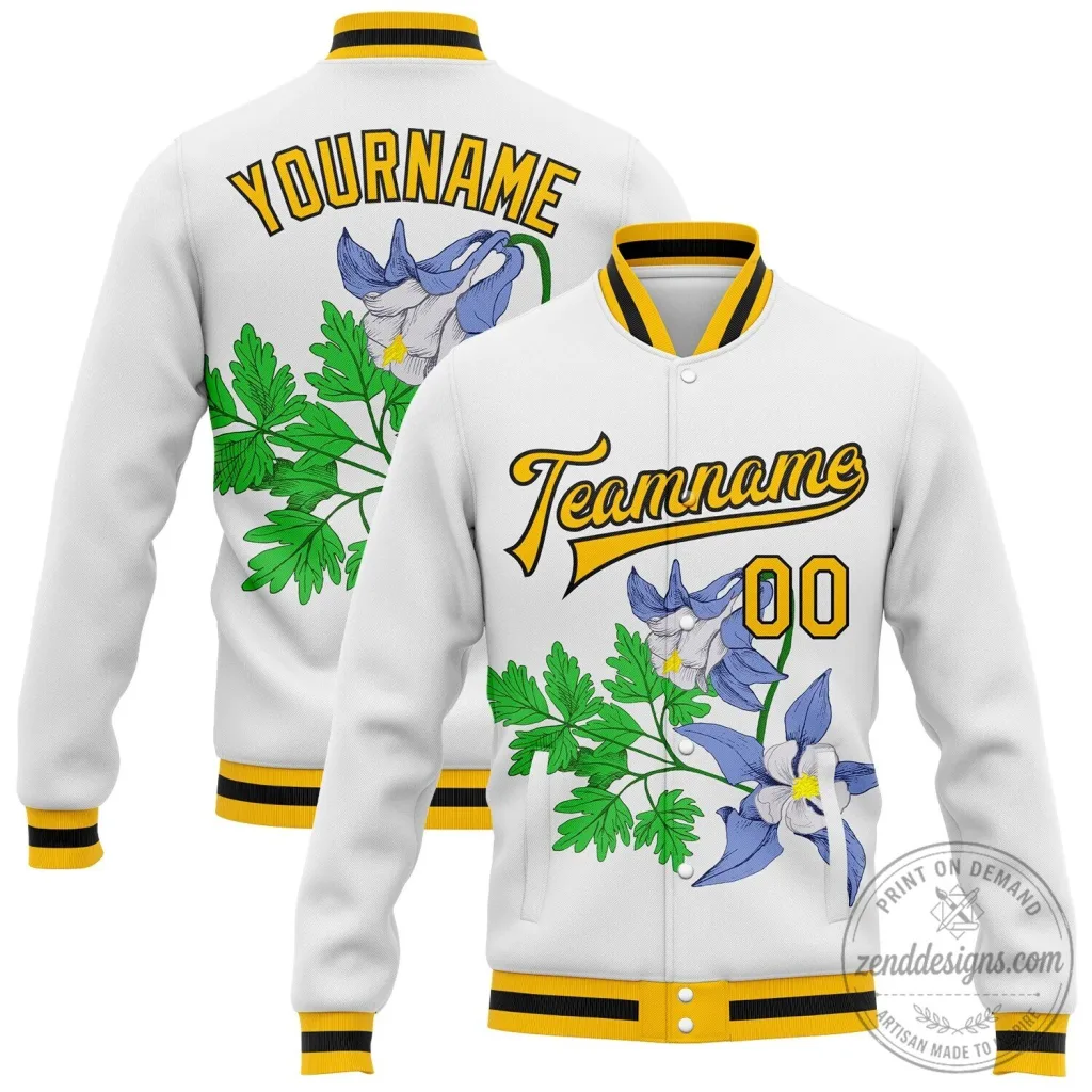 Colorado State Flower Rocky Mountain Columbine White Bomber Jacket Colorado State Flower Rocky Mountain Columbine White Bomber Jacket