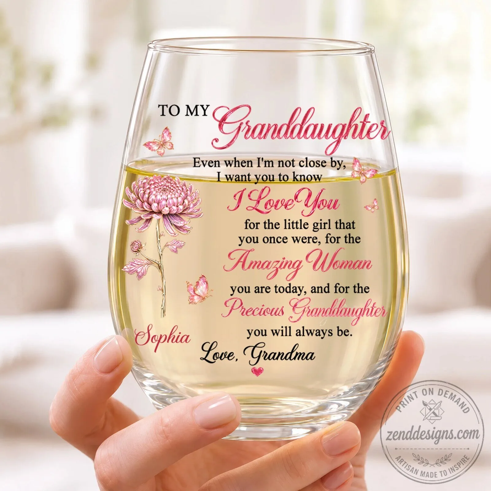 Personalized Granddaughter I Love You Pink Flower Wine Glass from Grandma