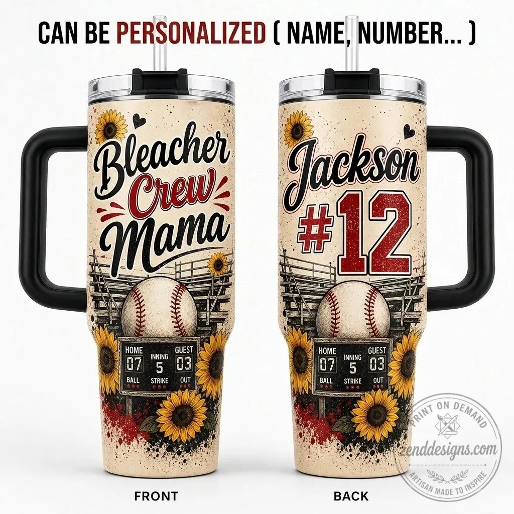 Personalized Bleacher Crew Mama Baseball Tumbler with Handle, Custom Baseball Mom Gift