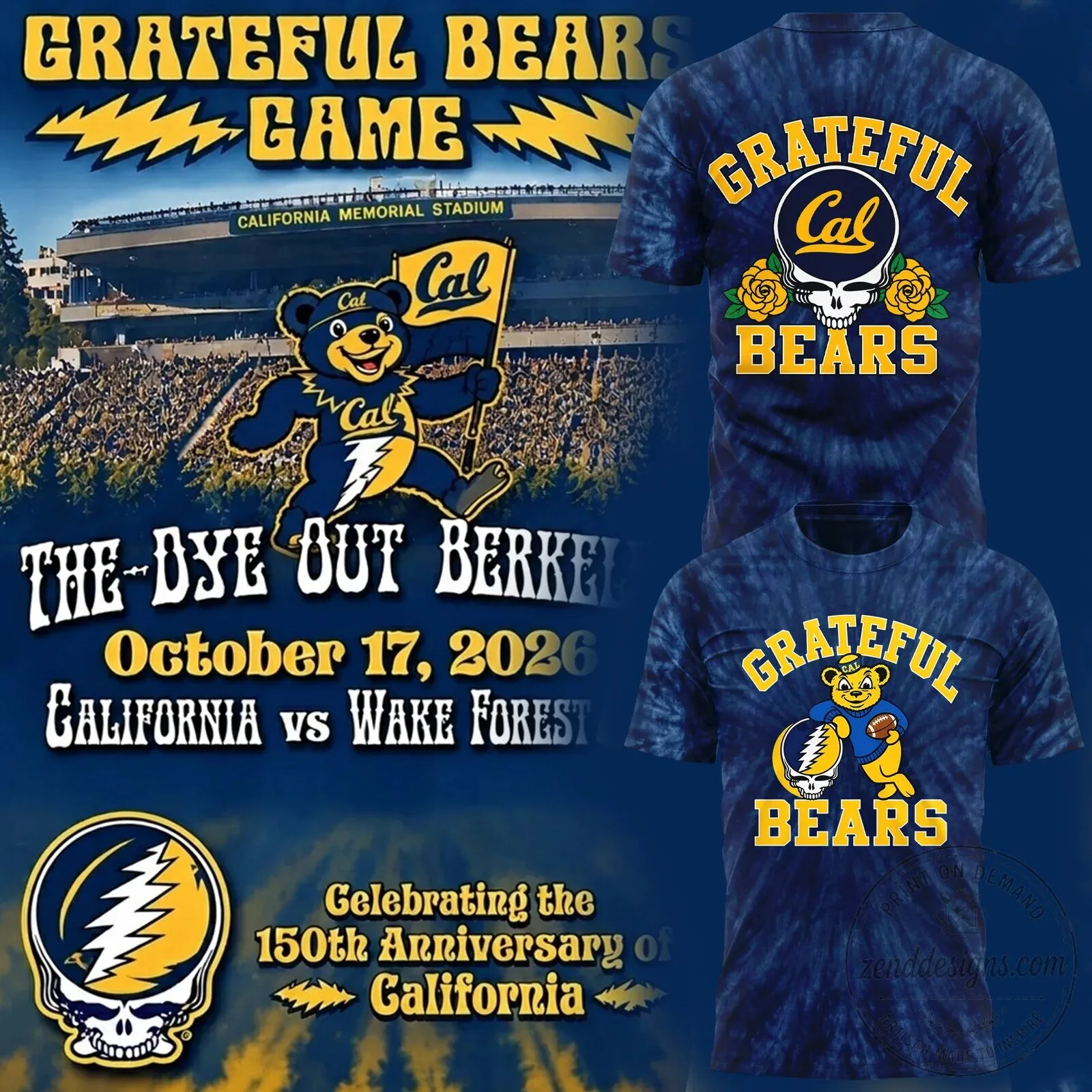 Tie-Dye T-Shirt Featuring Grateful Dead for California Golden Bears Football Supporters