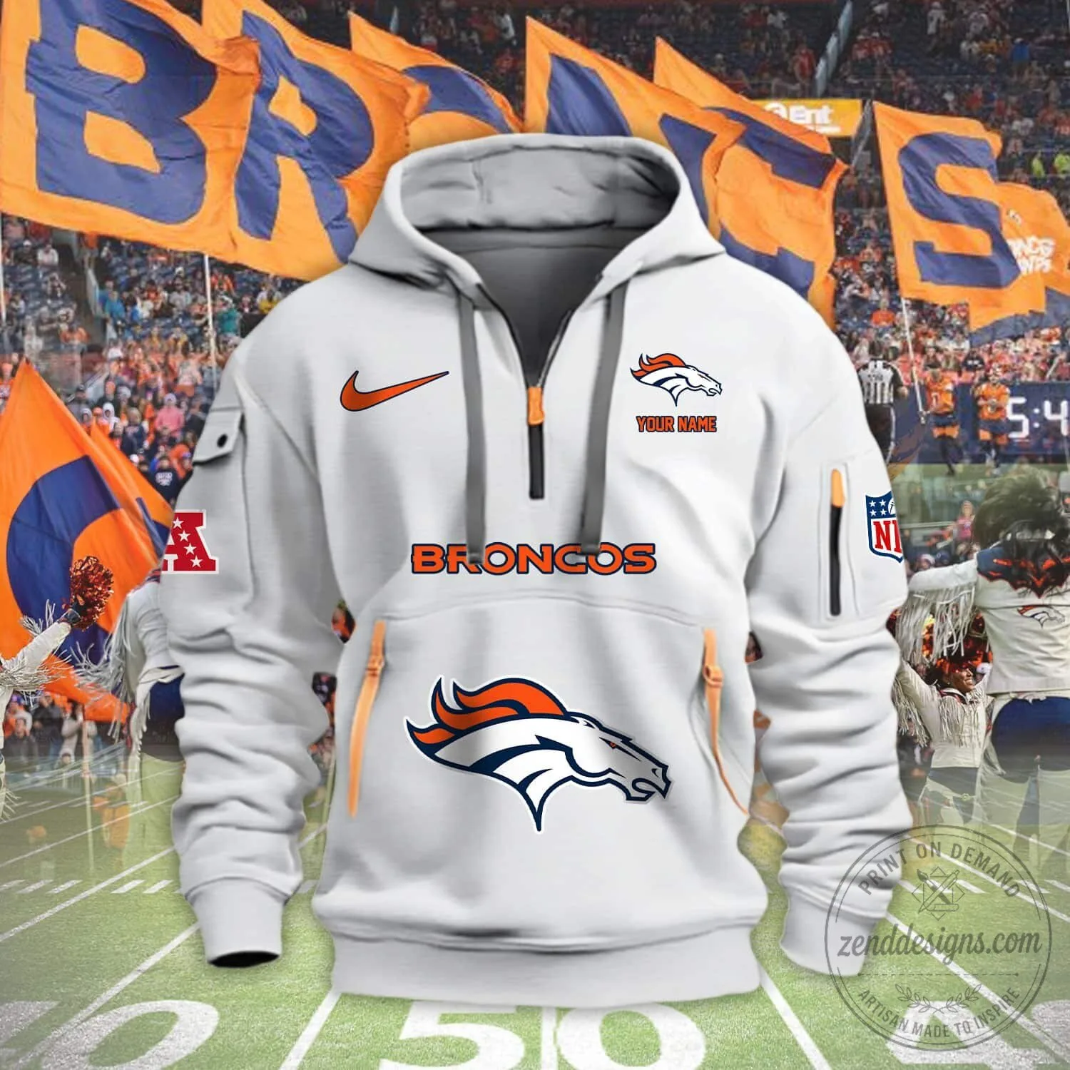 Denver Broncos NFL Football Team Orange Half-Zip Pullover Hoodie Sweatshirt 7 Denver Broncos NFL Football Team Orange Half-Zip Pullover Hoodie Sweatshirt