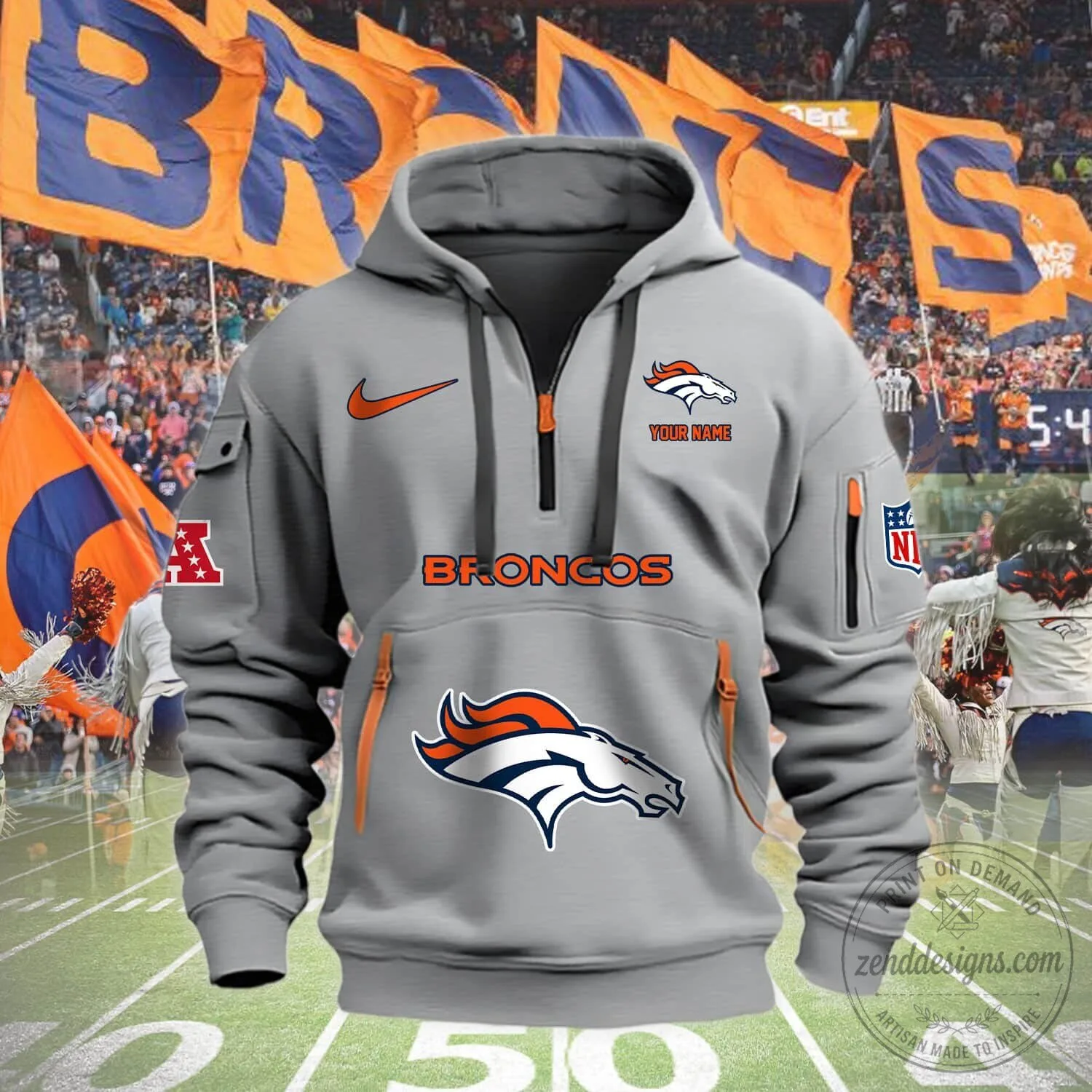 Denver Broncos NFL Football Team Orange Half-Zip Pullover Hoodie Sweatshirt 8 Denver Broncos NFL Football Team Orange Half-Zip Pullover Hoodie Sweatshirt