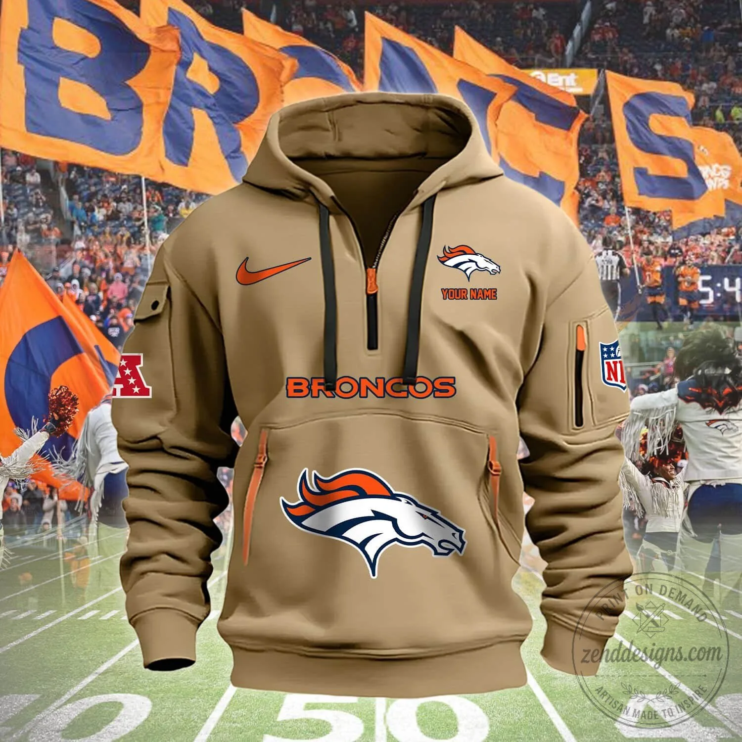 Denver Broncos NFL Football Team Orange Half-Zip Pullover Hoodie Sweatshirt 9 Denver Broncos NFL Football Team Orange Half-Zip Pullover Hoodie Sweatshirt