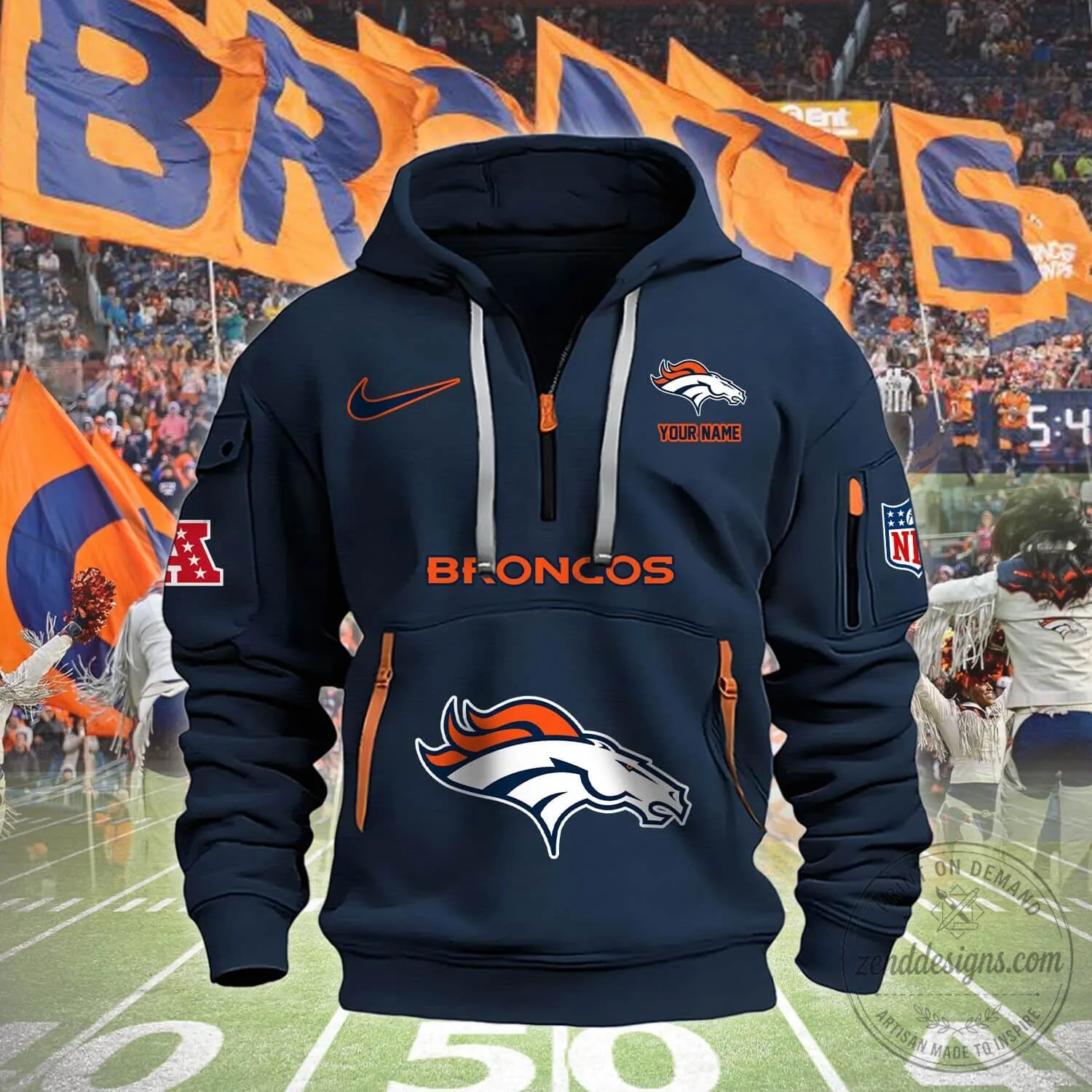 Denver Broncos NFL Football Team Orange Half-Zip Pullover Hoodie Sweatshirt 10 Denver Broncos NFL Football Team Orange Half-Zip Pullover Hoodie Sweatshirt