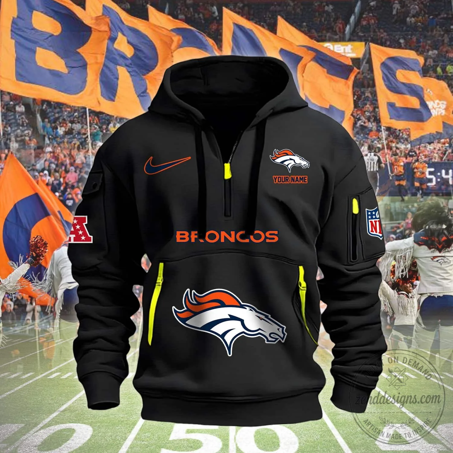 Denver Broncos NFL Football Team Orange Half-Zip Pullover Hoodie Sweatshirt 11 Denver Broncos NFL Football Team Orange Half-Zip Pullover Hoodie Sweatshirt