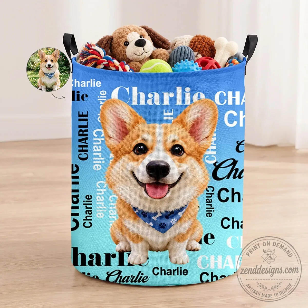 Personalized Corgi Dog Photo Storage Basket With Handle for Pet Toys and Accessories