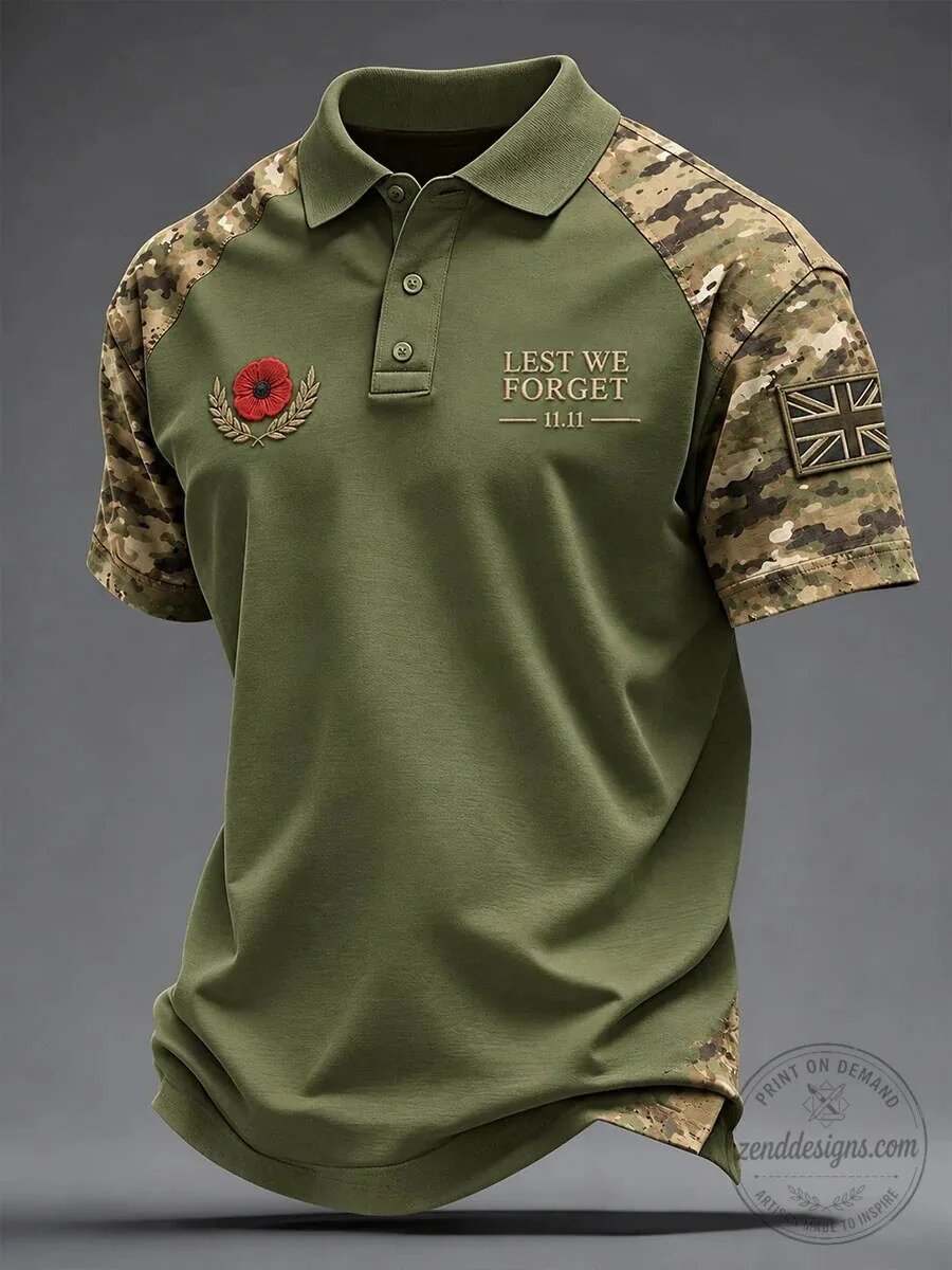Lest We Forget Remembrance Day Poppy Military Green Polo Shirt