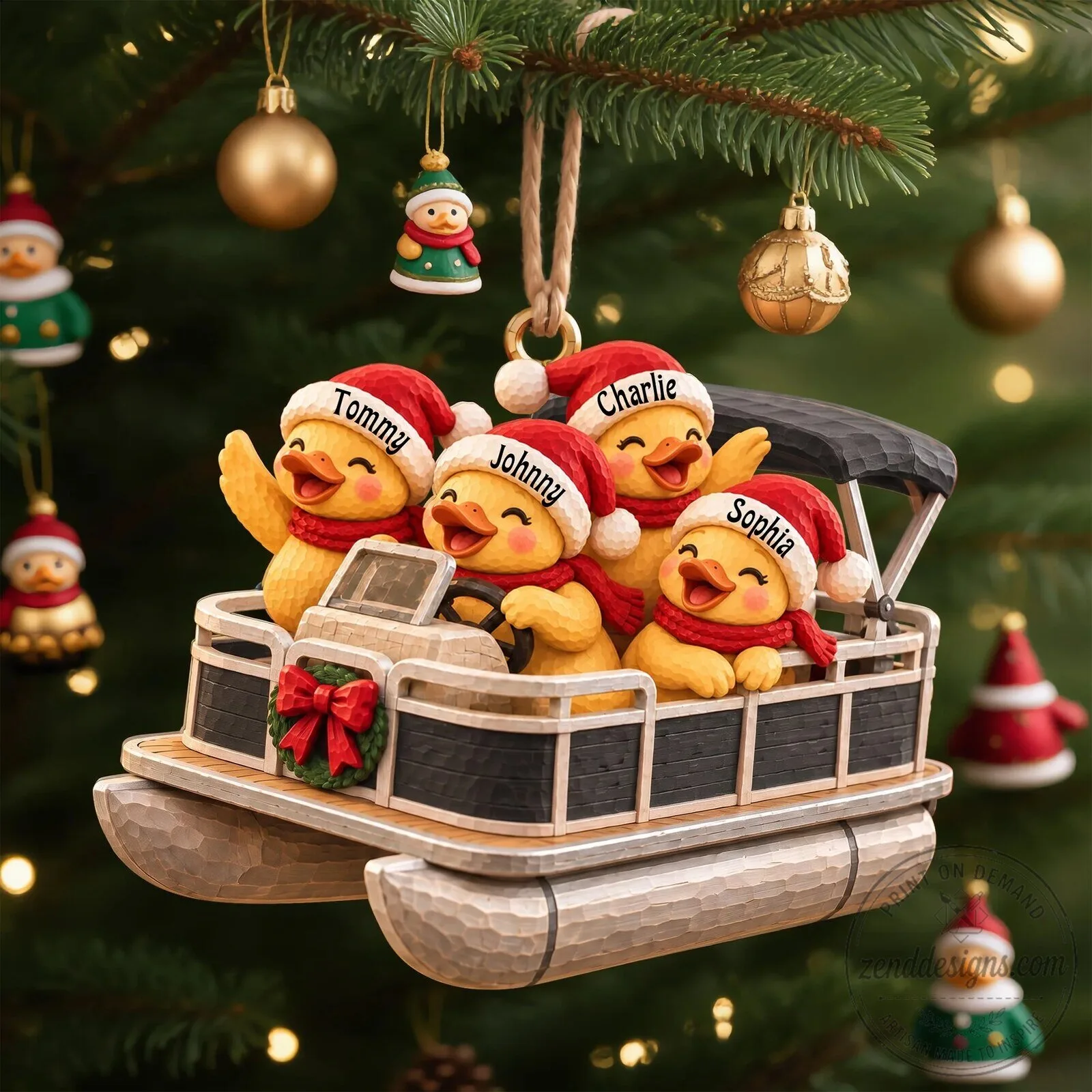 Personalized Duck Family Pontoon Boat Christmas Tree Ornament