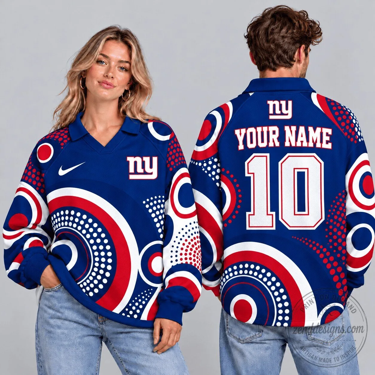 New York Giants Custom Name Number Geometric Circle Print Long Sleeve Polo Sweatshirt