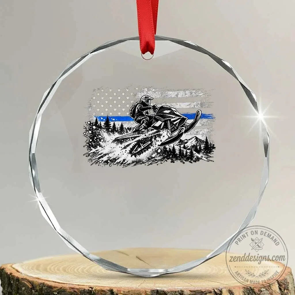 Police Officer Snowmobile Thin Blue Line USA Flag Crystal Christmas Ornament