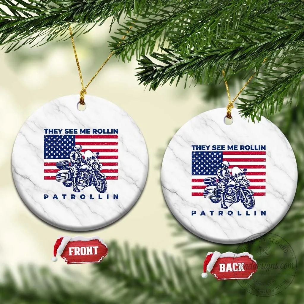 Police Biker Motorcycle They See Me Rollin Patrollin American Flag Christmas Ornament