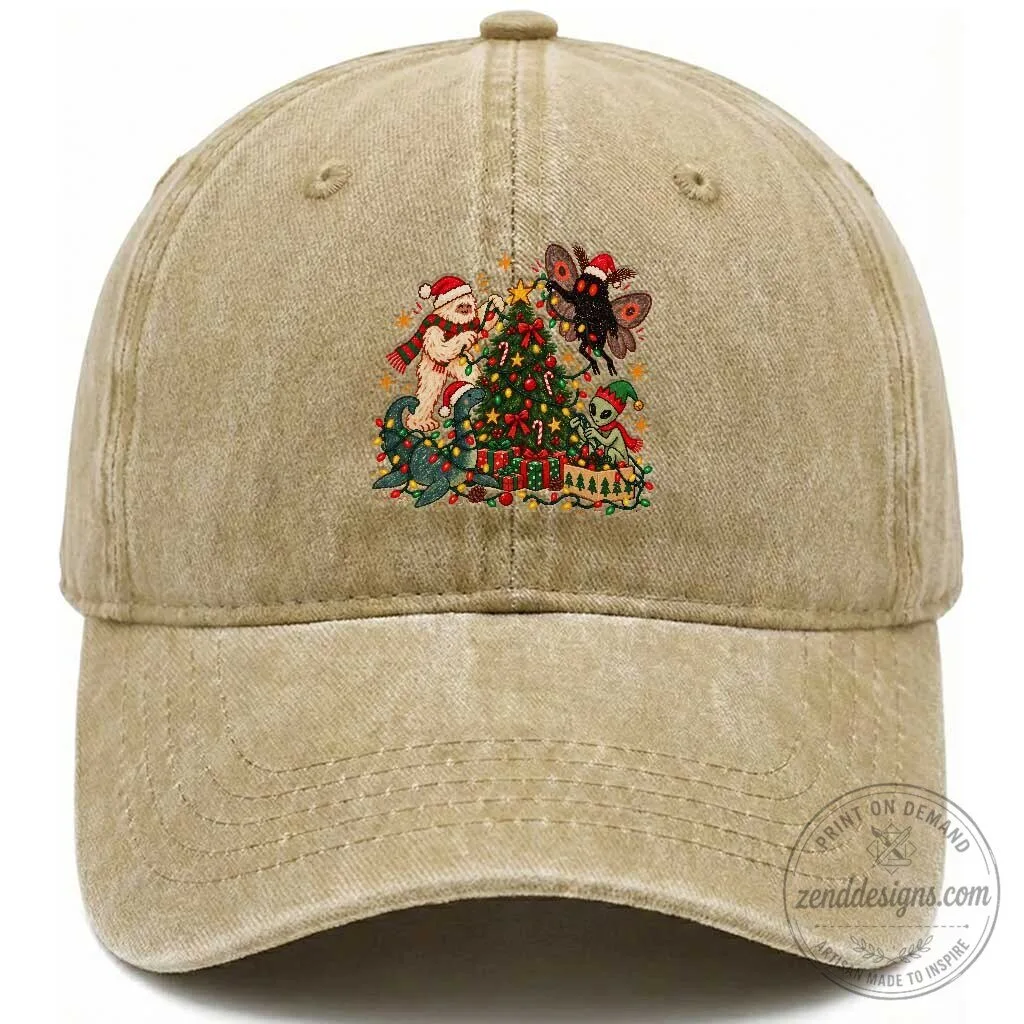 Cryptid Decorating Christmas Tree Washed Cotton Baseball Cap Hat