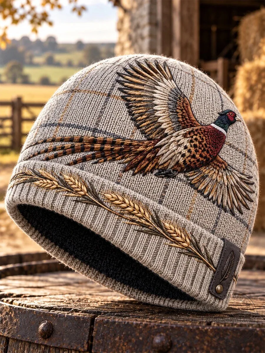 Pheasant Bird Embroidered Hunting Season Knitted Beanie Cap Hat