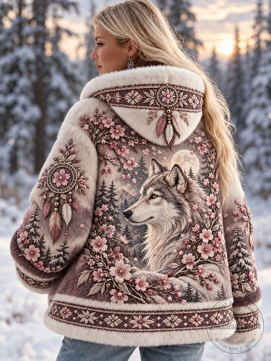 Women's Winter Wolf and Cherry Blossom Faux Fur Hooded Jacket