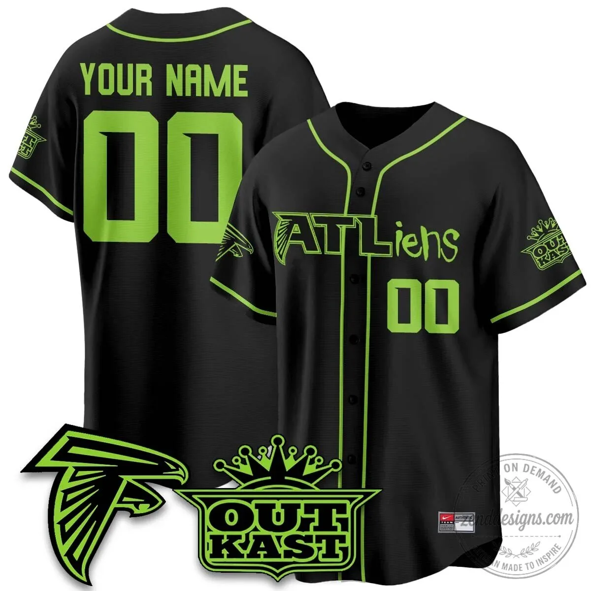 Atlanta Falcons Outkast ATLiens Baseball Jersey Custom Name Number Black