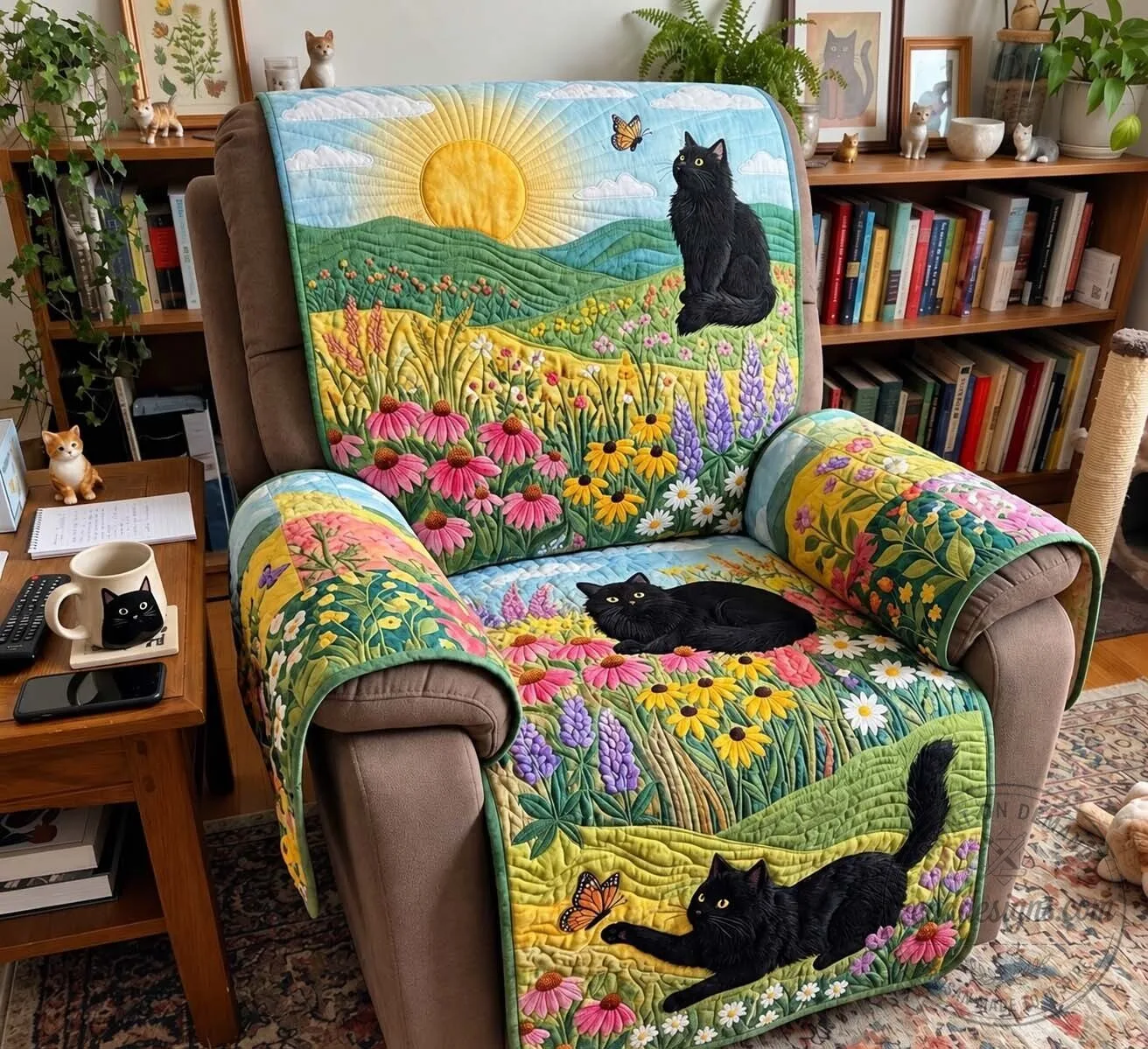 Black Cats Sunlit Meadow Quilted Sofa Cover Furniture Protector